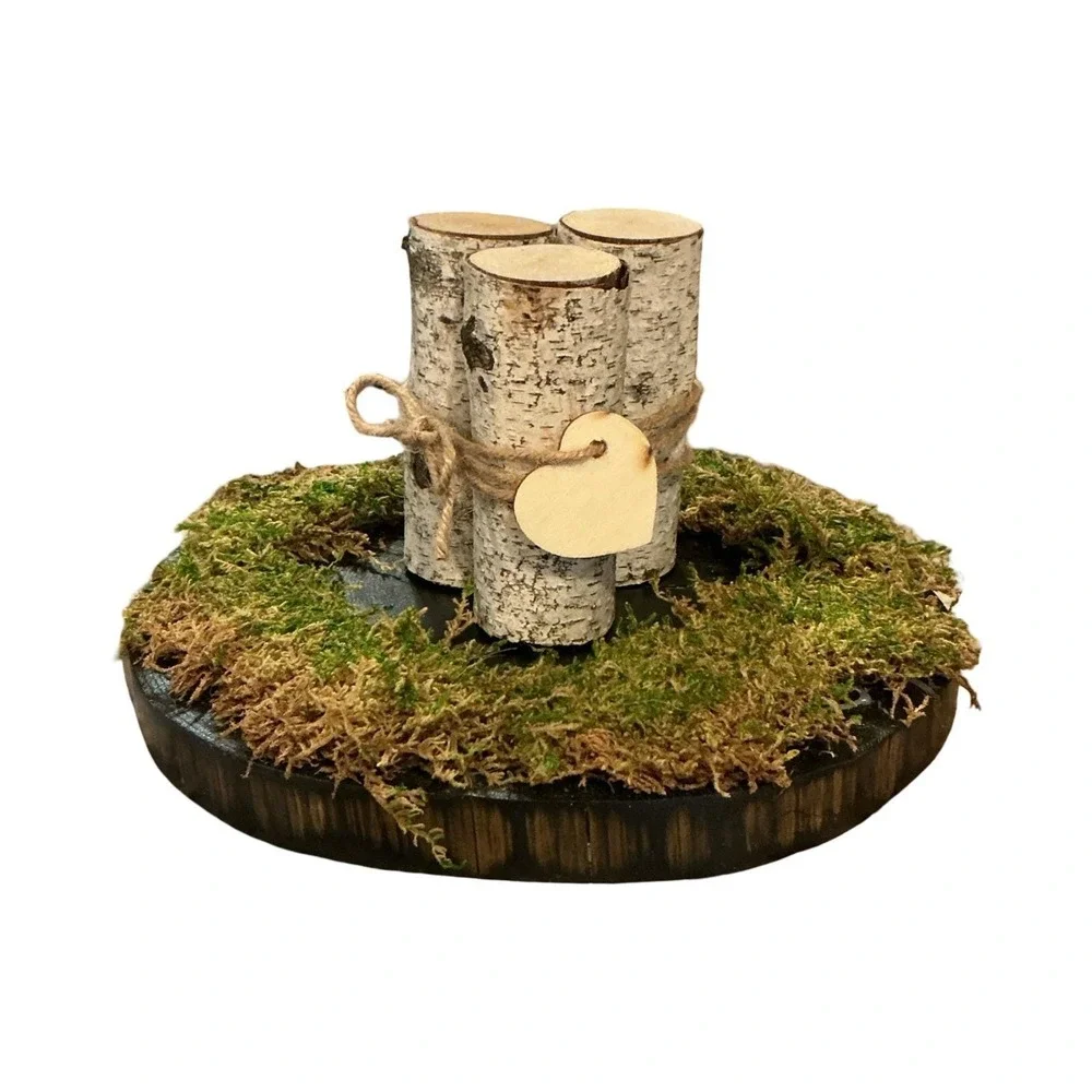 Handmade Rustic‎ Birch Wood Slab Centerpiece with Moss and Custom Heart